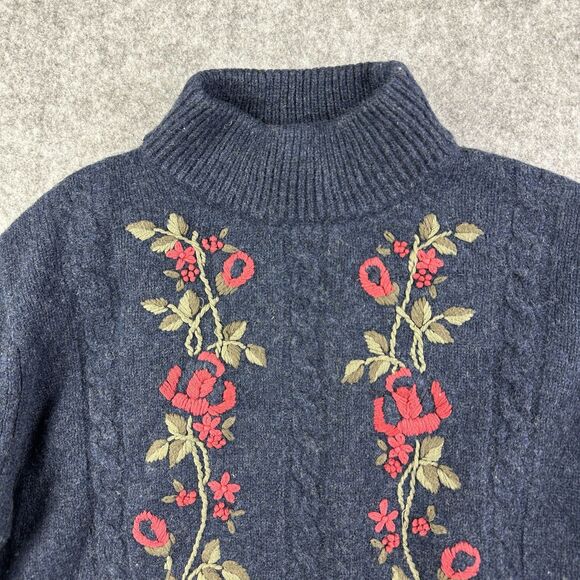 Meadows Filbert Knit Wool Sweater Womens 2 Blue Floral Embroidered Chunky Crop - Picture 2 of 12